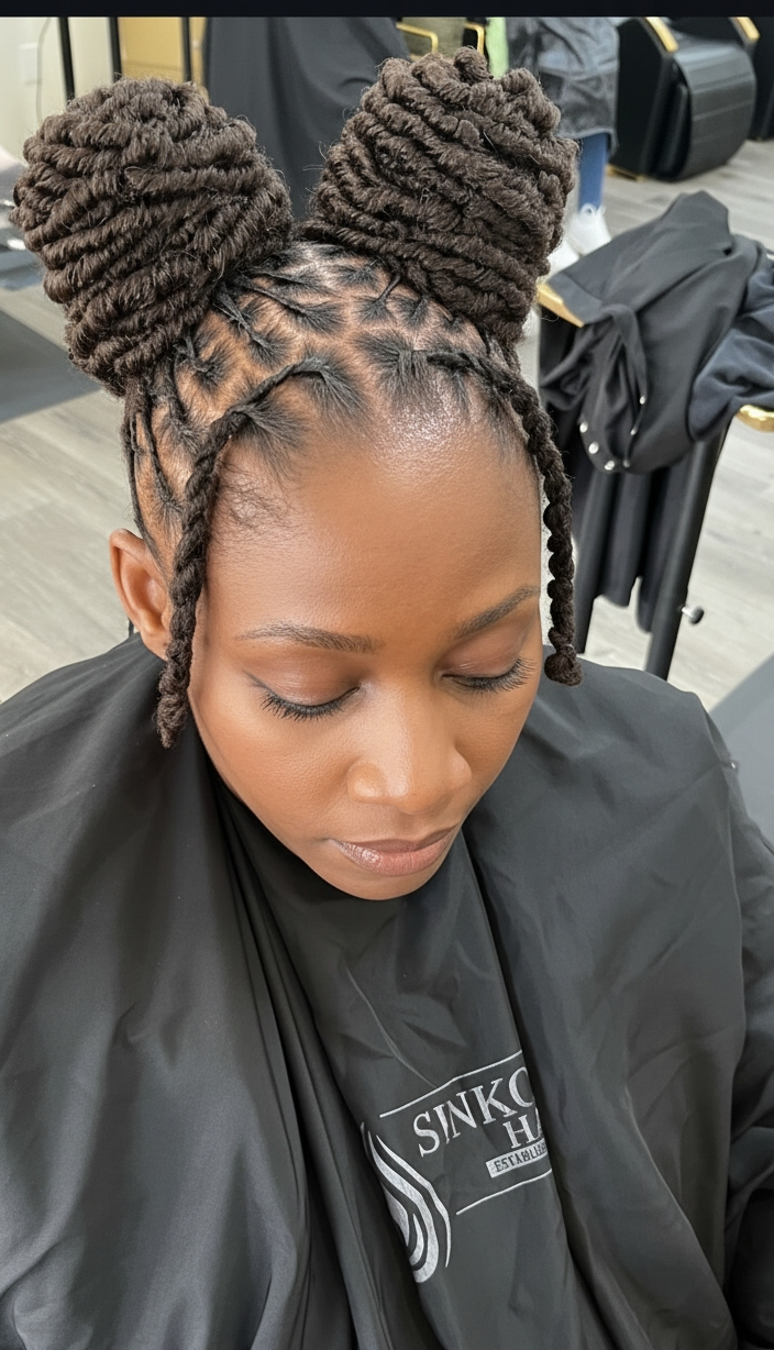 Loc Updo — Double Buns with face-framing locs